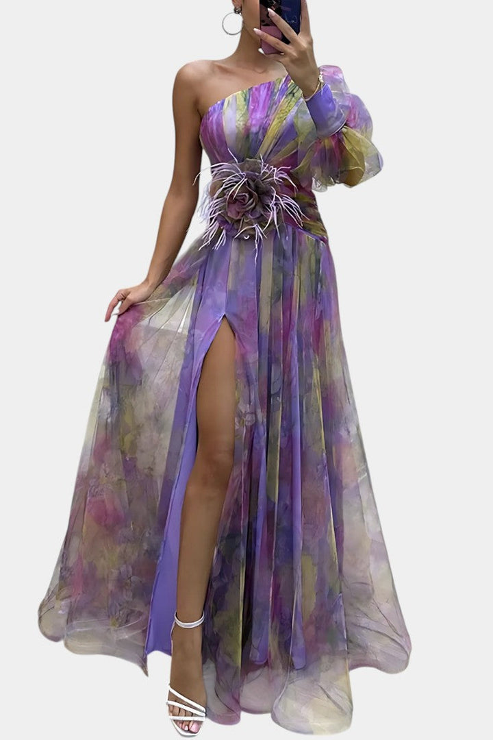 Teodora Asimetrična Maxi Haljina s Jednim Rame i Umjetničkim Uzorkom