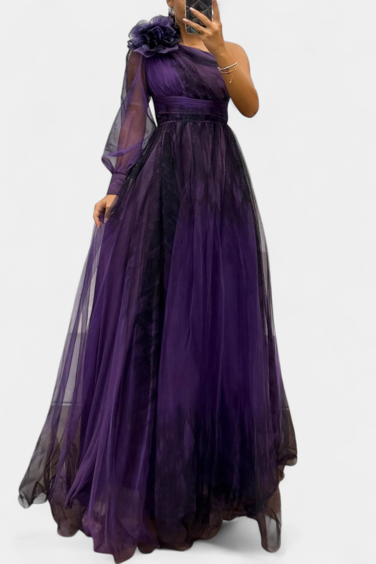 Natalija Maxi Haljina od Chiffona s Otkritim Ramenom i Voluminousom Ruzom