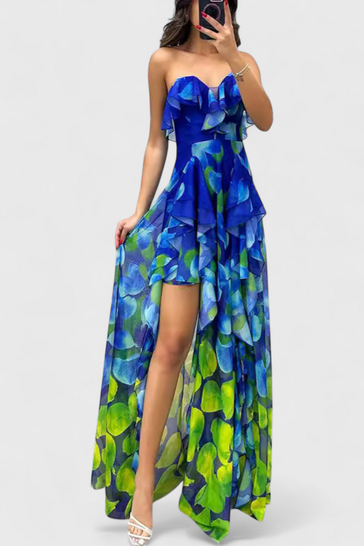 Zrinka Maxi Haljina bez Rukava s Volanima i Gradijent Otvorom