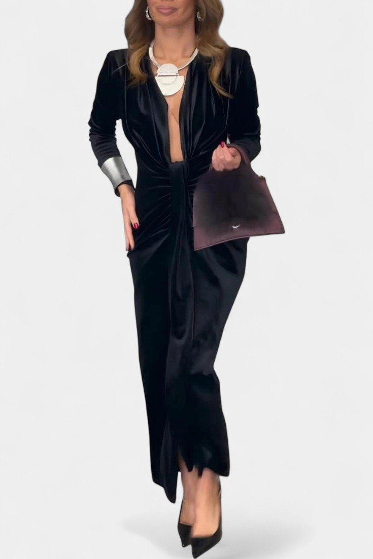 Vilma Duga Haljina od Zlatnog Baršuna s V-Izrezom