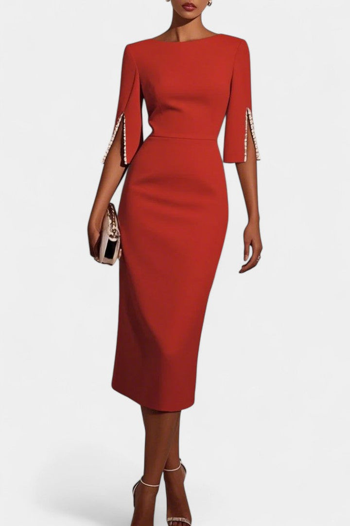 Vesna Midi Haljina s Bisernim Detaljima i Okruglim Izrezom