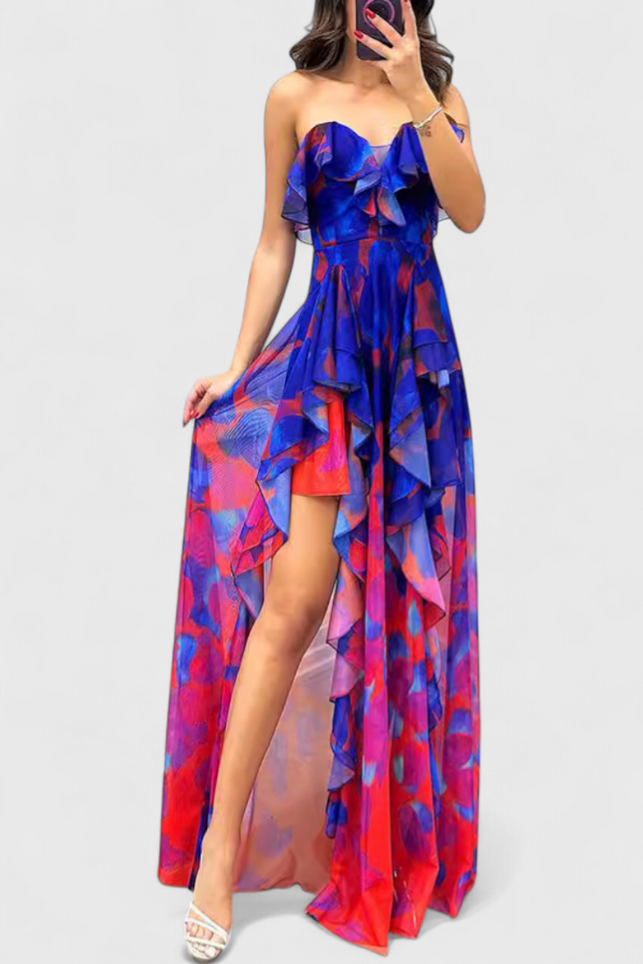 Zrinka Maxi Haljina bez Rukava s Volanima i Gradijent Otvorom