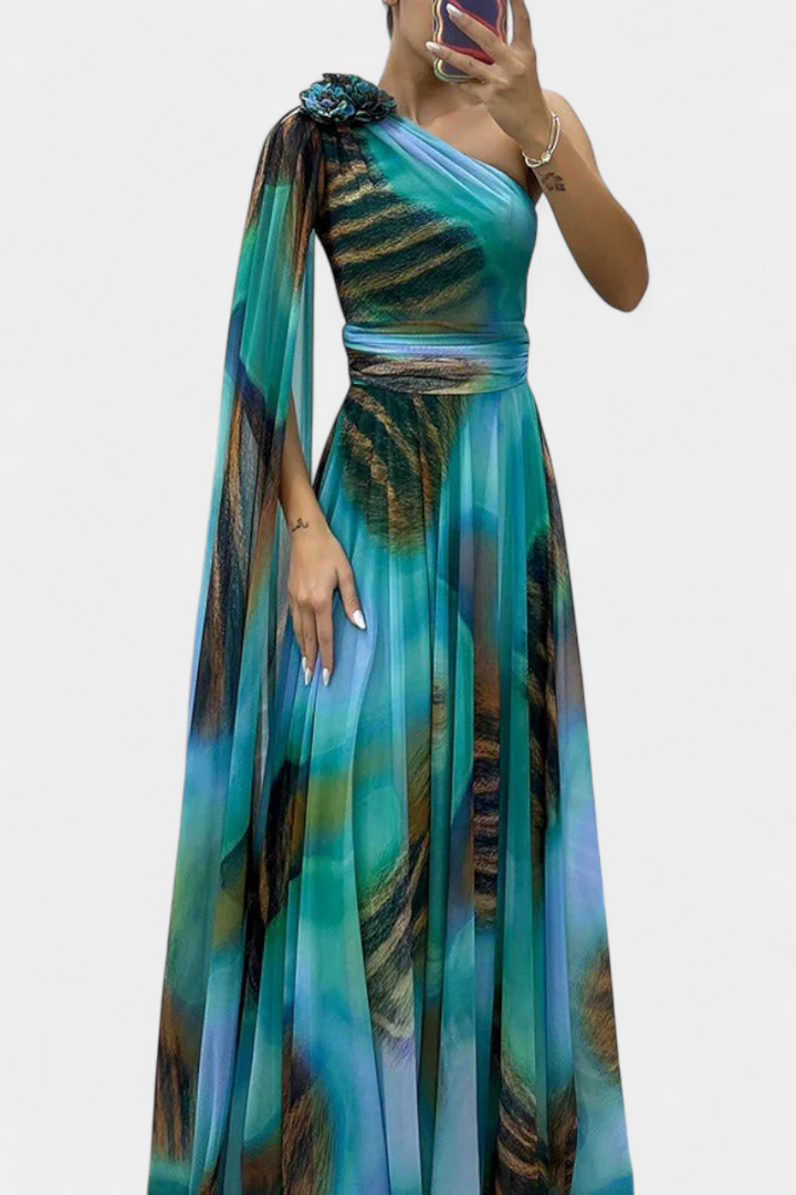 Nives Haljina Duga s Jednim Ramenom s Cvjetnim Detaljem