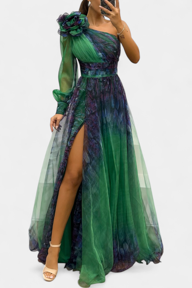 Natalija Maxi Haljina od Chiffona s Otkritim Ramenom i Voluminousom Ruzom