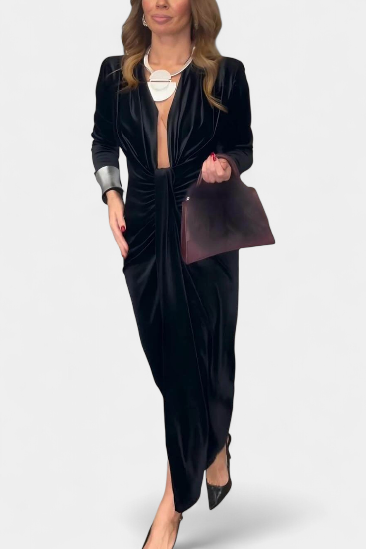 Vilma Duga Haljina od Zlatnog Baršuna s V-Izrezom