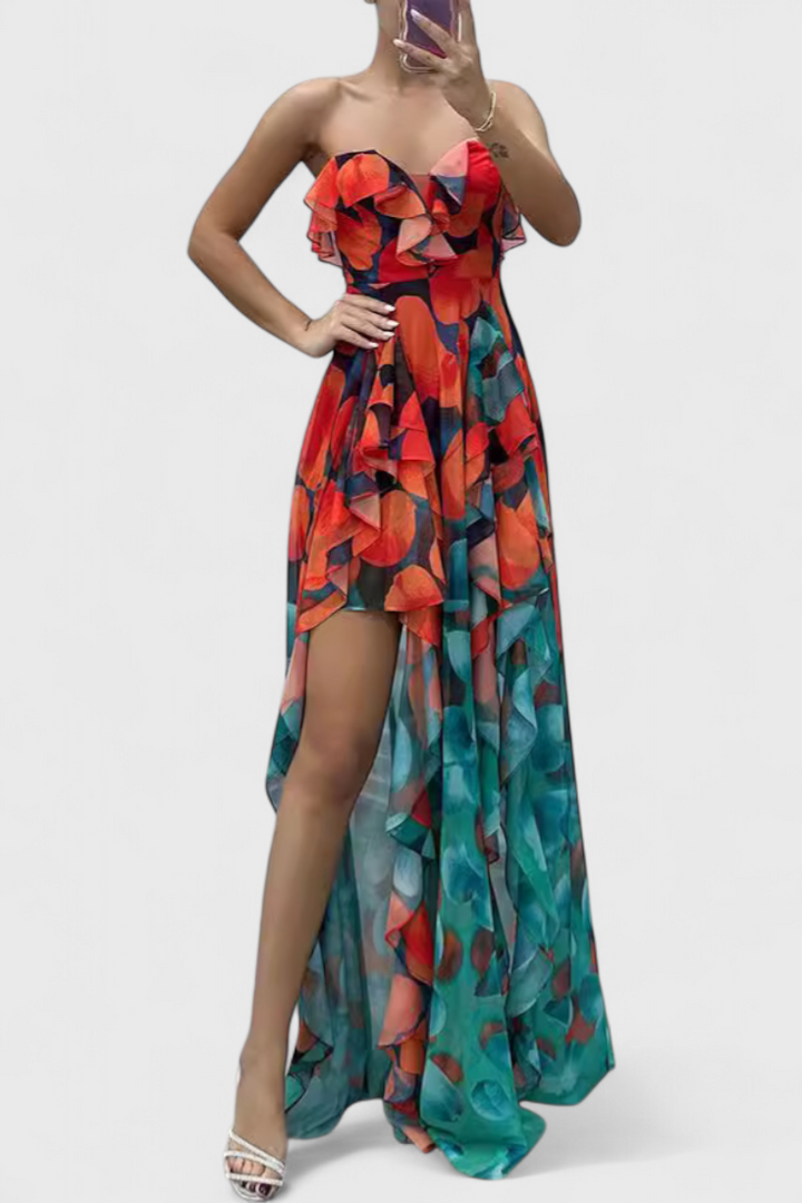 Zrinka Maxi Haljina bez Rukava s Volanima i Gradijent Otvorom