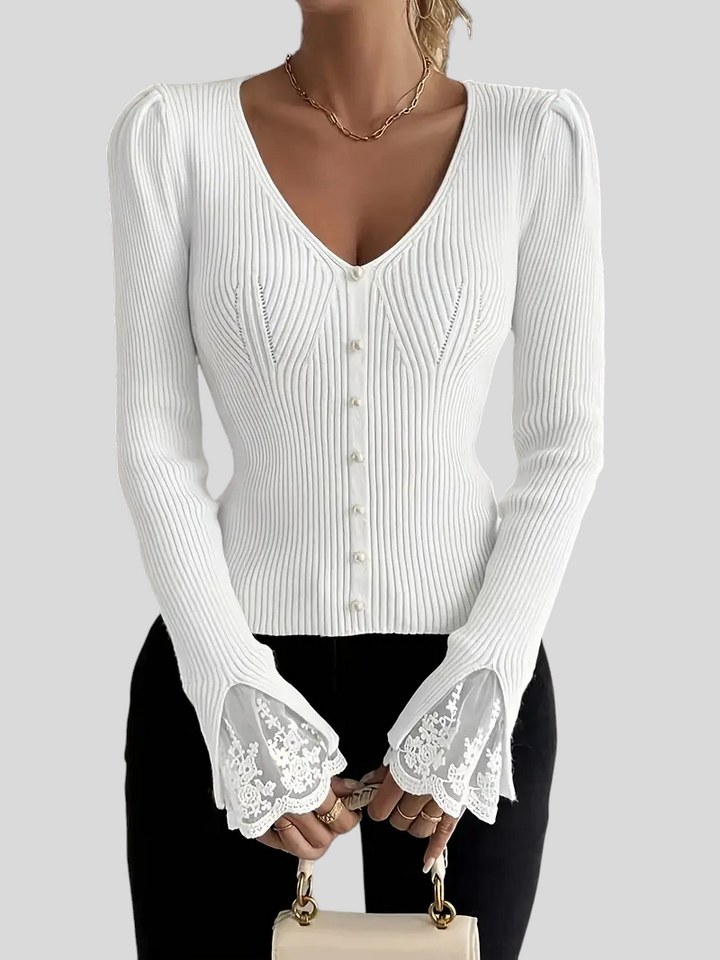 Zoja - Rebrasta Majica S V-Izrezom I Čipkastim Rukavima