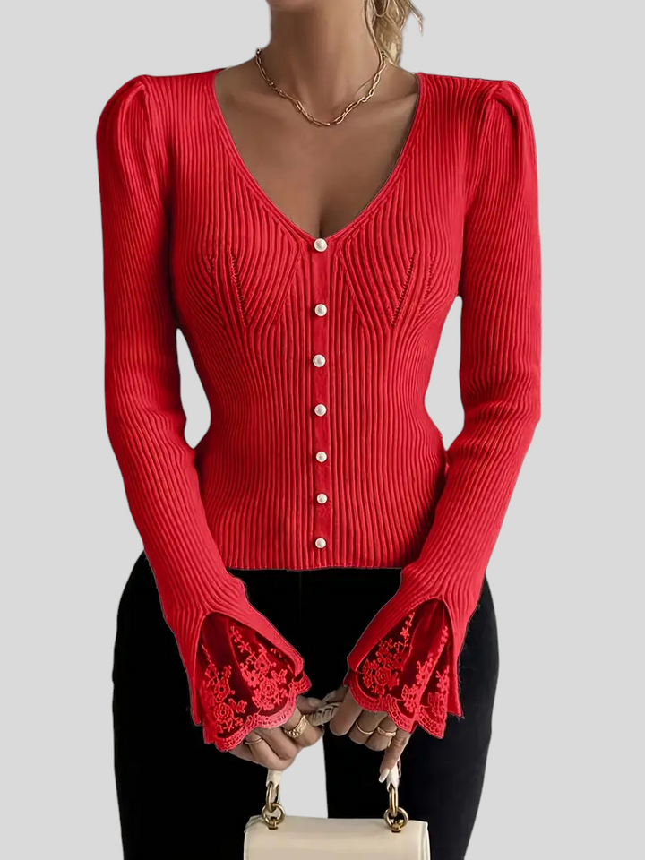 Zoja - Rebrasta Majica S V-Izrezom I Čipkastim Rukavima