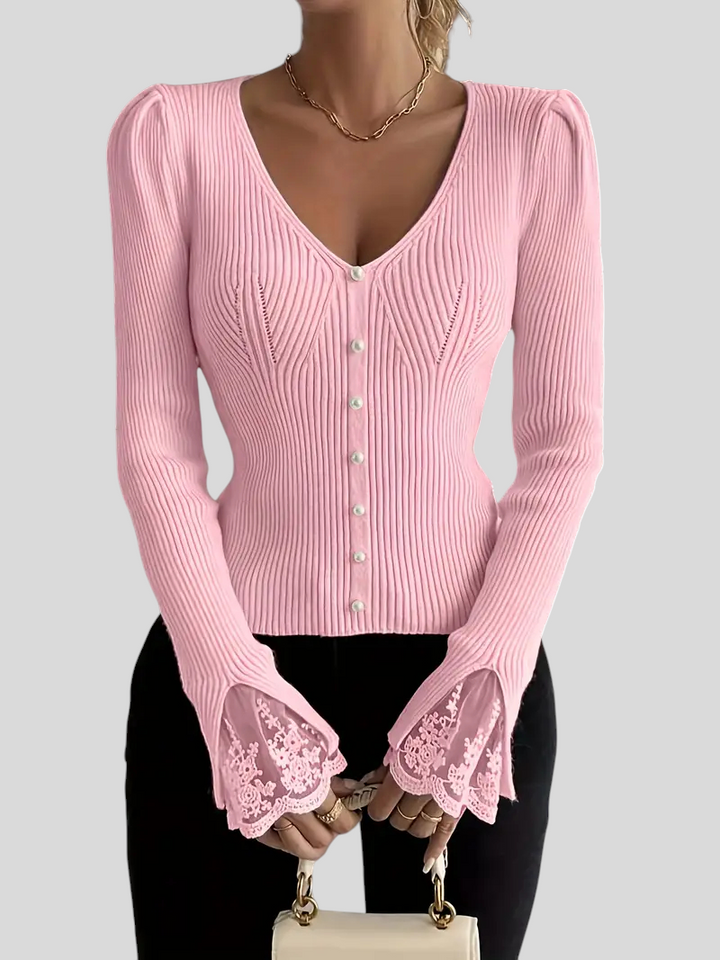 Zoja - Rebrasta Majica S V-Izrezom I Čipkastim Rukavima