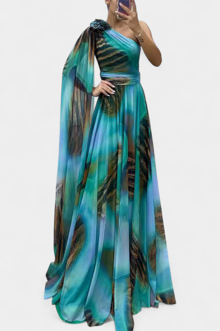 Nives Haljina Duga s Jednim Ramenom s Cvjetnim Detaljem