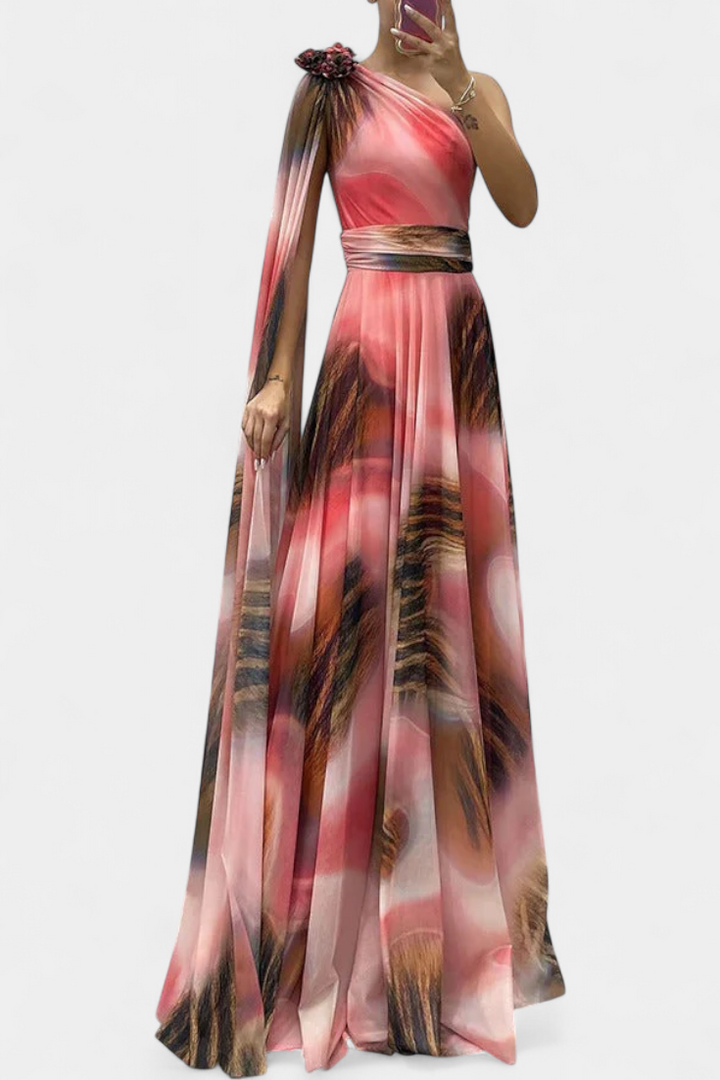 Nives Haljina Duga s Jednim Ramenom s Cvjetnim Detaljem