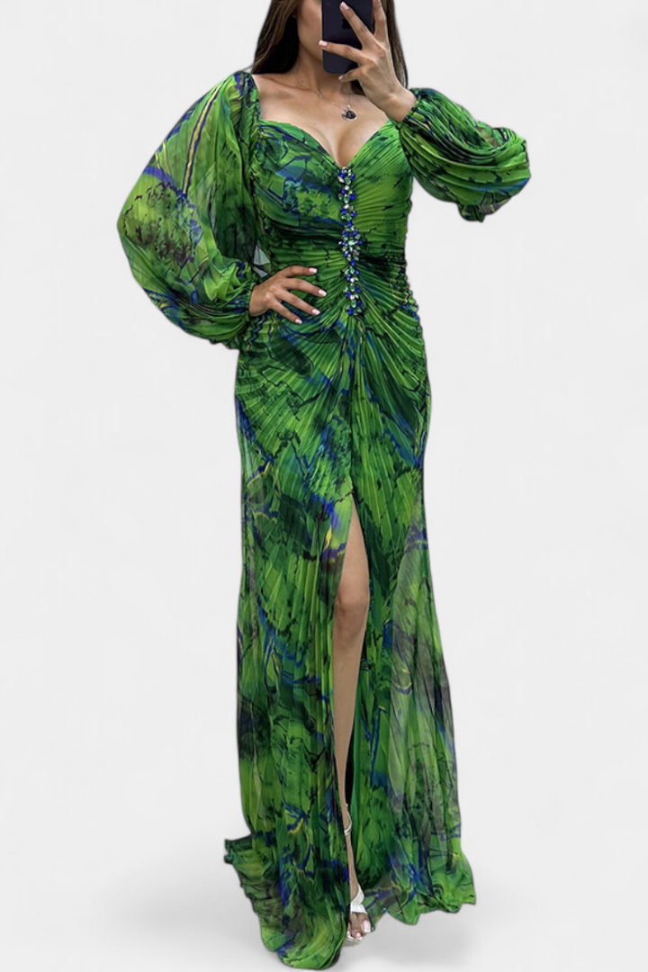 Leona Maxi Haljina s Plisiranjem, Dugim Rukavima i Vibrantnim Uzorkom