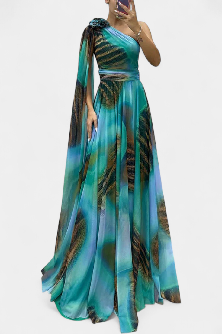 Nives Haljina Duga s Jednim Ramenom s Cvjetnim Detaljem