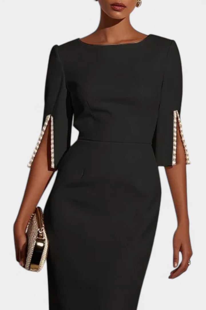 Vesna Midi Haljina s Bisernim Detaljima i Okruglim Izrezom