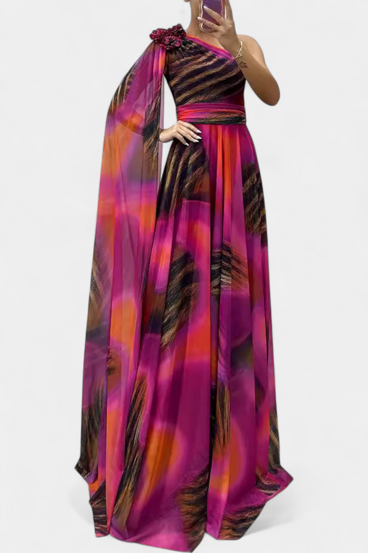 Nives Haljina Duga s Jednim Ramenom s Cvjetnim Detaljem